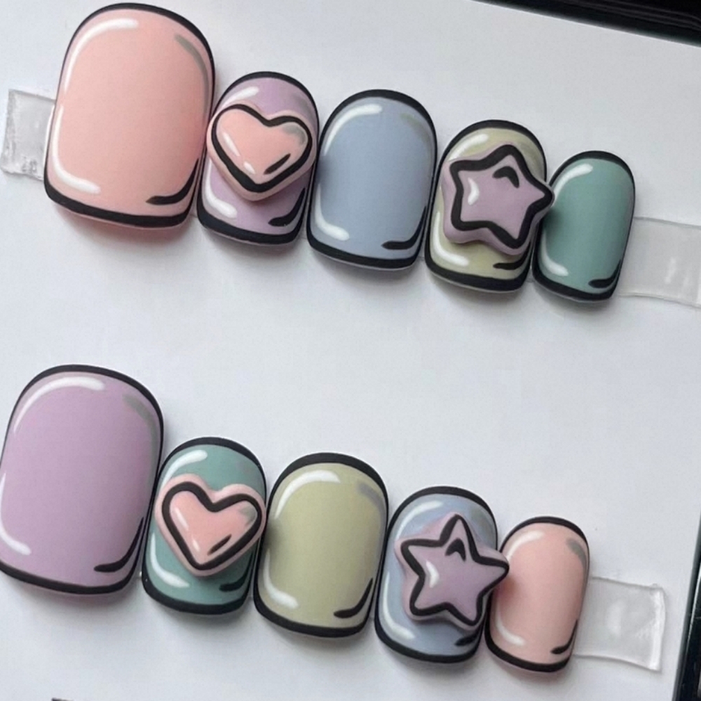 3D Pop Art Cartoon Press On Nails Kawaii Pastel Heart & Star Size Small
